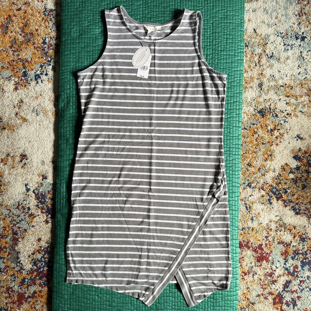 New NWT Mia & Tess Striped Dress Asymmetrical Design Pointed Hem Shift M Gray